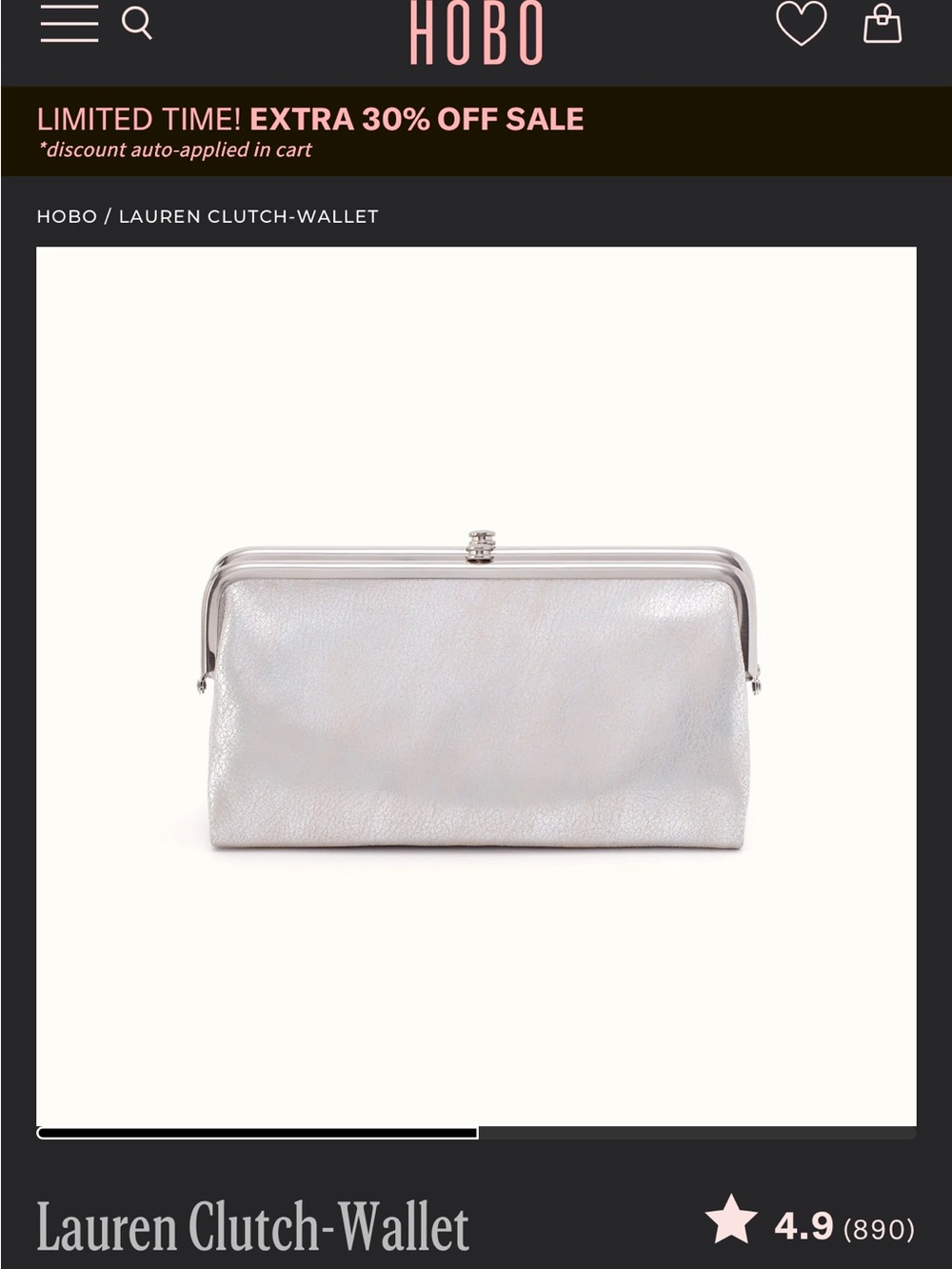 HOBO Lauren Clutch Metallic Silver Wallet Leather